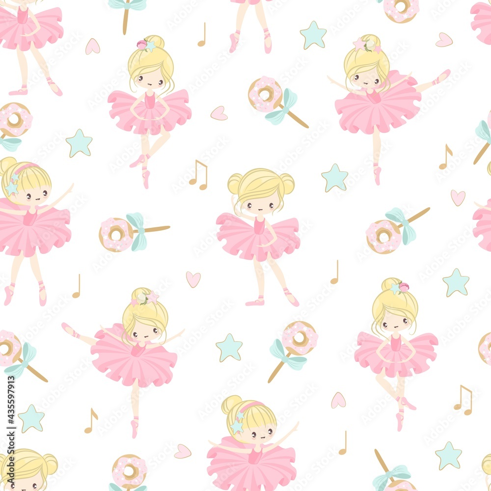 
Seamless pattern with a Little Ballerina on a beautiful background.Vector illustration in a simple style.