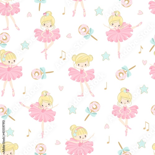  Seamless pattern with a Little Ballerina on a beautiful background.Vector illustration in a simple style.
