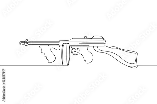 Continuous one line of gangster submachine gun in silhouette. Linear stylized.Minimalist.