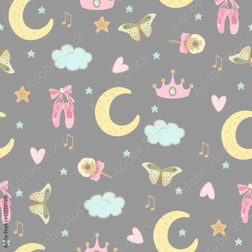 Seamless pattern with a Little Ballerina on a beautiful background.Vector illustration in a simple style.