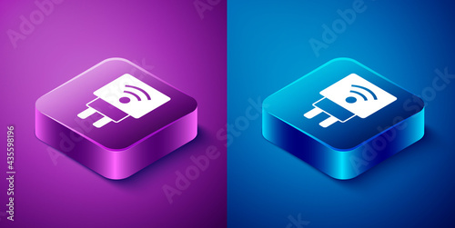 Isometric Smart electric plug system icon isolated on blue and purple background. Internet of things concept with wireless connection. Square button. Vector