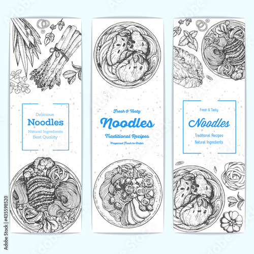 Asian food vertical banner collection. Noodle dishes set. Food menu design with cooked noodles . Vintage hand drawn sketch, vector illustration.