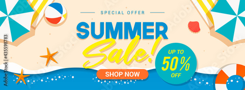 Summer sale banner vector illustration. Summer beach flat design
