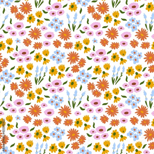 Floral pattern. Pretty flowers on white background. Printing with small colorful flowers. Ditsy print. Seamless vector texture.