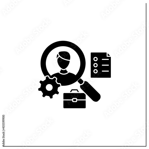 Applicant tracking glyph icon.Software app automates hiring process. Candidate management system. Finding workers. Talent management.Filled flat sign. Isolated silhouette vector illustration