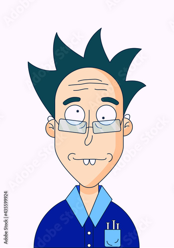 An image of a cartoon male scientist with tousled hair and crooked glasses. A scientist with test tubes. Flat-style image