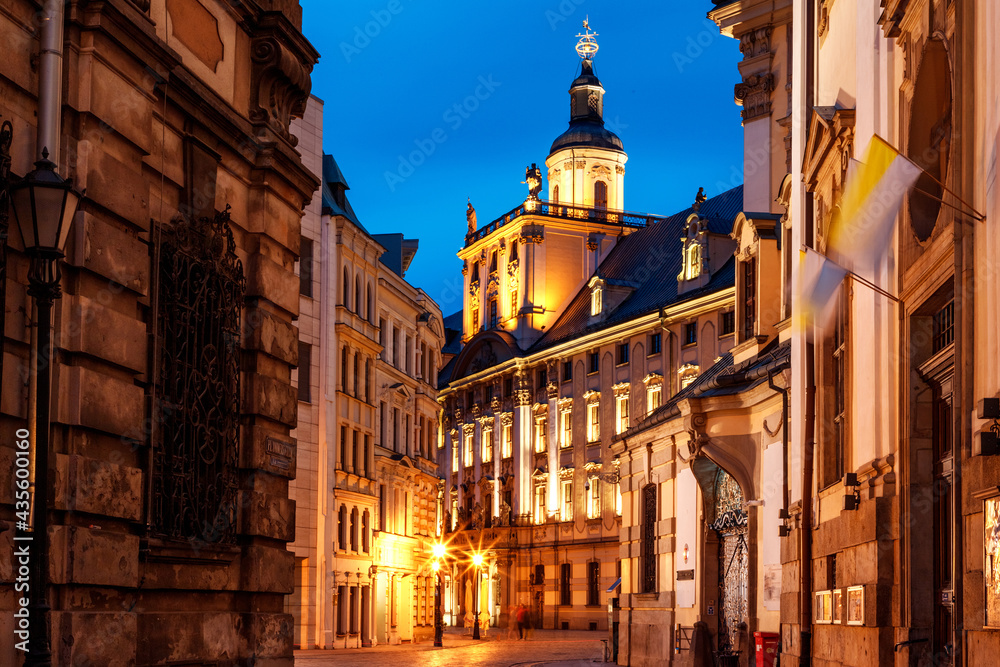 streets and view of the University of Wroclaw in Poland in the evening