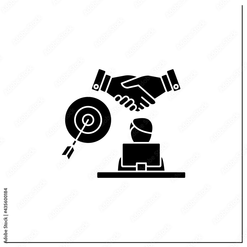 Goal agreement employee glyph icon. Official documented employment. Goals achievement. Employee works on laptop. Hardworking.Filled flat sign. Isolated silhouette vector illustration Goal agreement employee glyph icon. Official documented employment. Goals achievement. Employee works on laptop. Hardworking.Filled flat sign. Isolated silhouette vector illustration