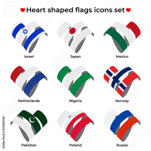 Heart shaped flags icons set. Icon of France Flag from Ribbon curls. Vector icon, symbol, button. Flat style