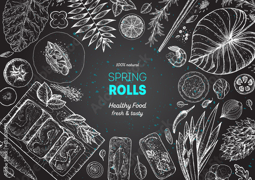 Asian food menu design template. Spring rolls and ingredients for spring rolls vector illustration. Vietnamese food top view frame. Vintage hand drawn sketch vector illustration. Engraved image.