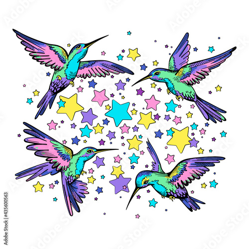 Bright composition with hummingbirds and stars. Stylish image for printing on any surface