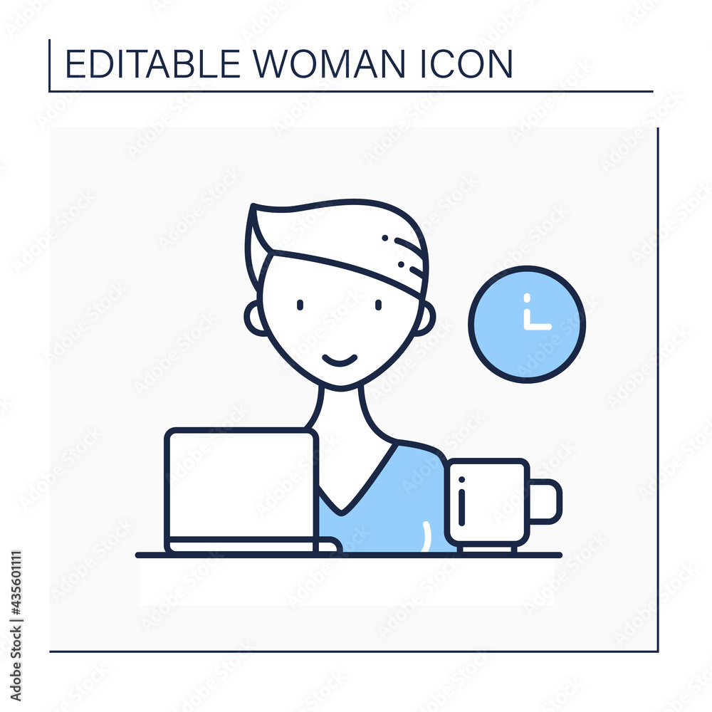 Female freelancer line icon. Remote Work. Worker person looking at laptop. Designer freelancer. Hard-working concept. Isolated vector illustration.Editable stroke