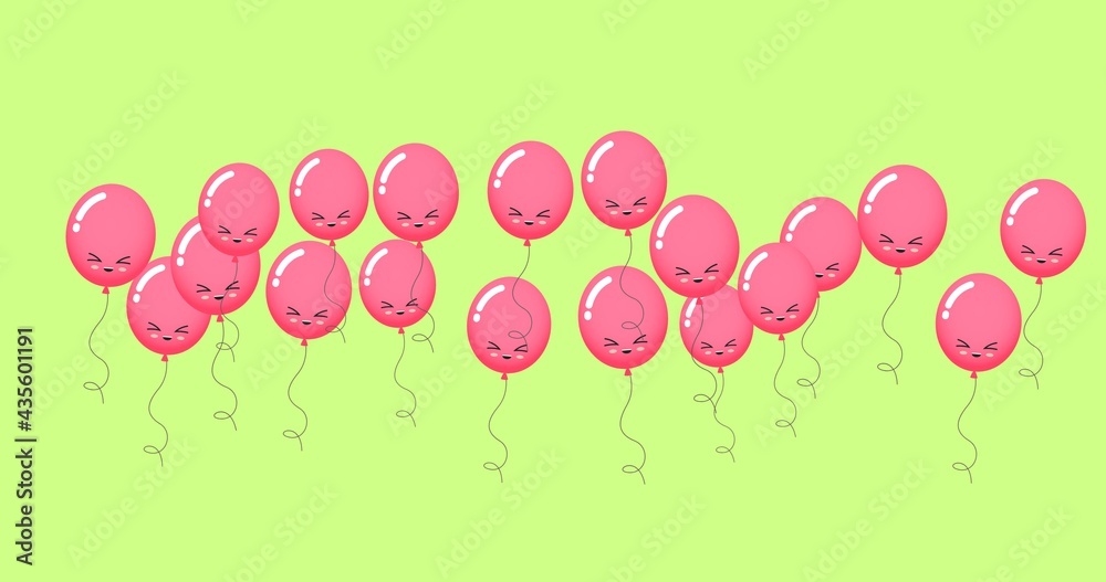 Composition of multiple pink balloons with faces on green background