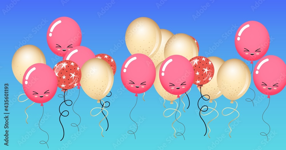 Composition of multiple yellow and pink balloons with faces on blue background