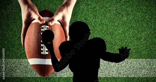 Composition of silhouette of american football player over ball on pitch photo