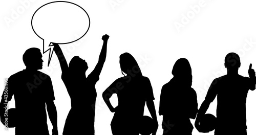 Composition of silhouette of sports fans and speech bubble with copy space photo