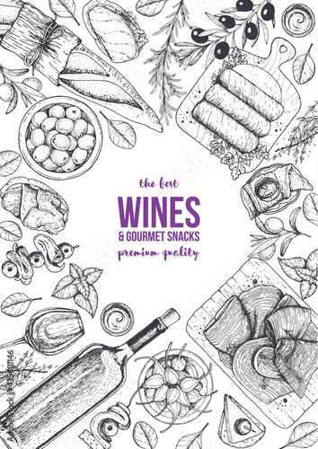 Wines and gourmet snacks frame vector illustration. Snacks for wine hand drawn. Gourmet food set.