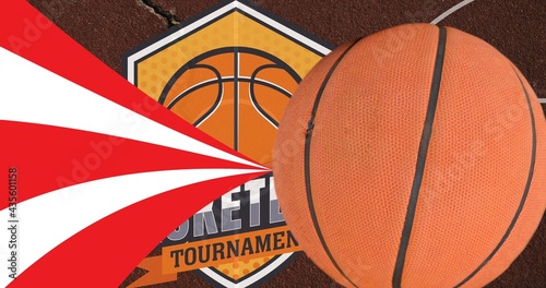 Composition of basketball with badge, red and white stripes