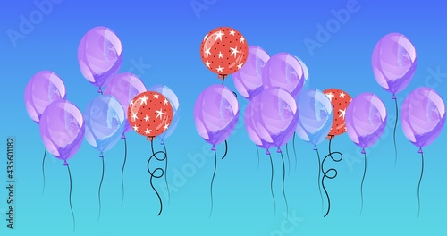 Composition of multiple red and purple balloons on blue background