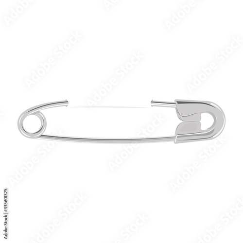 A metal safety pin attached to the fabric. Steel color pin threaded through the material. Realistic vector illustration isolated on white background.