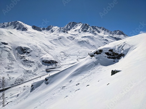 View of the Fluelapss above Davos Engadin. Beautiful winter landscape in the winter spring time. Skitour Sentisch Horn