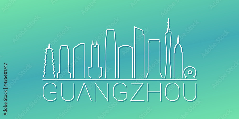 Fototapeta premium Guangzhou, Guangdong Province, China Skyline Linear Design. Flat City Illustration Minimal Clip Art. Background Gradient Travel Vector Icon.