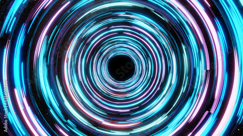 Abstract neon background. Glowing spiral with starfield