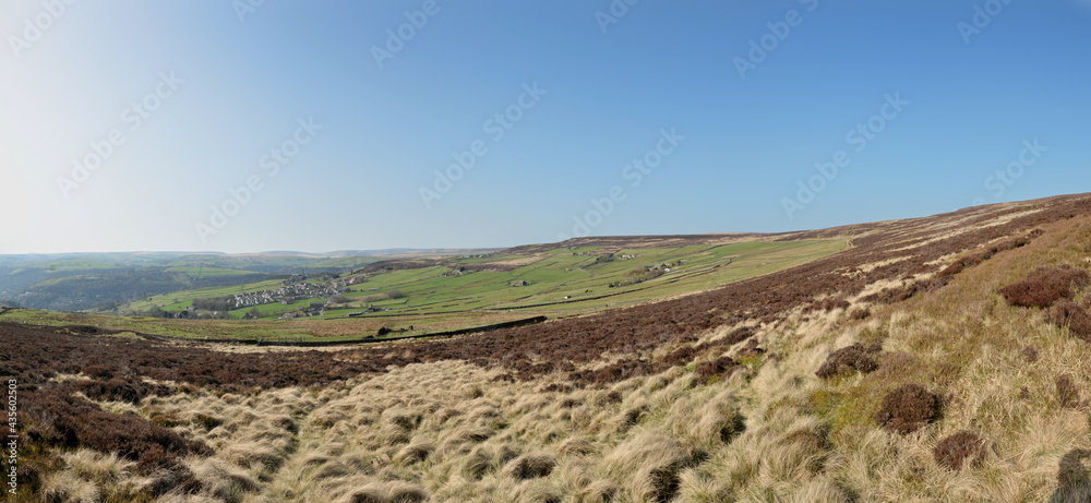 a panoramic scenic view of the village of old town in calderdale west yorkshire with surrounding pennine farms and hills with midgley moor in the foreground a panoramic scenic view of the village of old town in calderdale west yorkshire with surrounding pennine farms and hills with midgley moor in the foreground