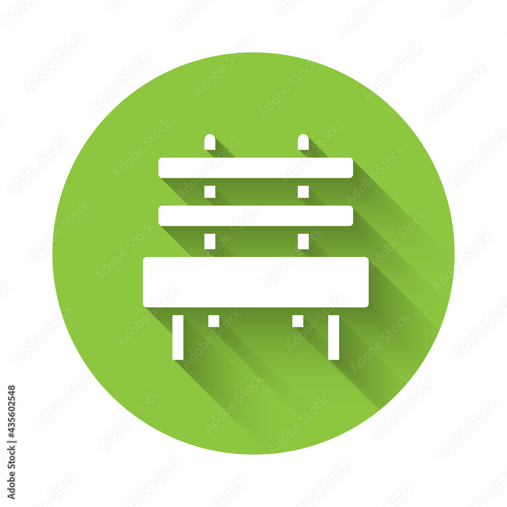 White Bench icon isolated with long shadow. Green circle button. Vector White Bench icon isolated with long shadow. Green circle button. Vector