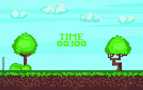 Summer pixel game. Retro art games. 8-bit pixel platformer game resource. Vector illustration