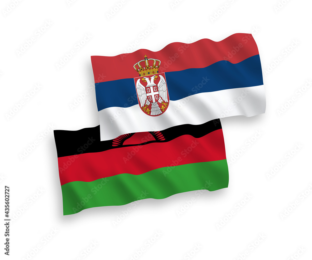 National vector fabric wave flags of Malawi and Serbia isolated on white background. 1 to 2 proportion.