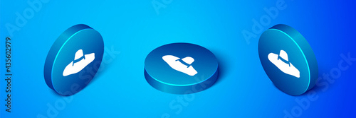 Isometric Elegant women hat icon isolated on blue background. Blue circle button. Vector