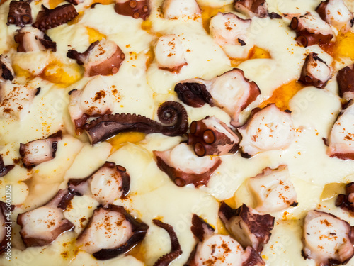 Primer plano de una deliciosa pizza de pulpo con queso de san simon, un manjar