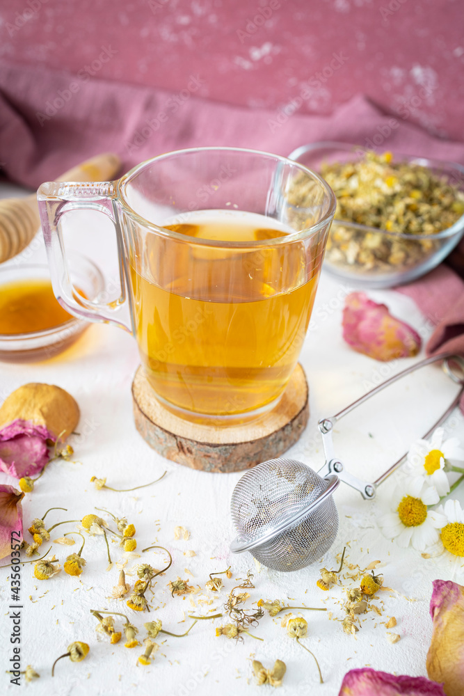 Chamomile infusion. Floral infusion without caffeine. Photography of hot drinks Chamomile infusion. Floral infusion without caffeine. Photography of hot drinks
