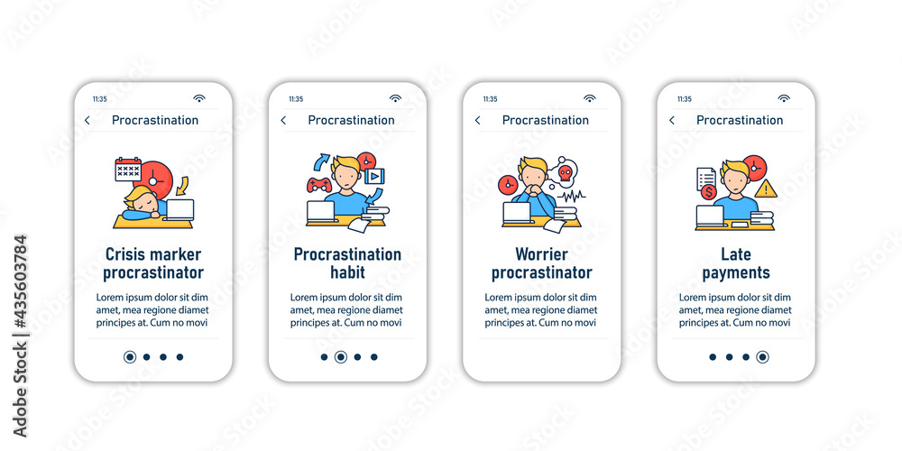 Procrastination onboarding mobile app screens. Postpone unpleasant tasks for later.Delay. Overwhelmed steps menu. Set of UI, UX, web template with RGB color linear icons
