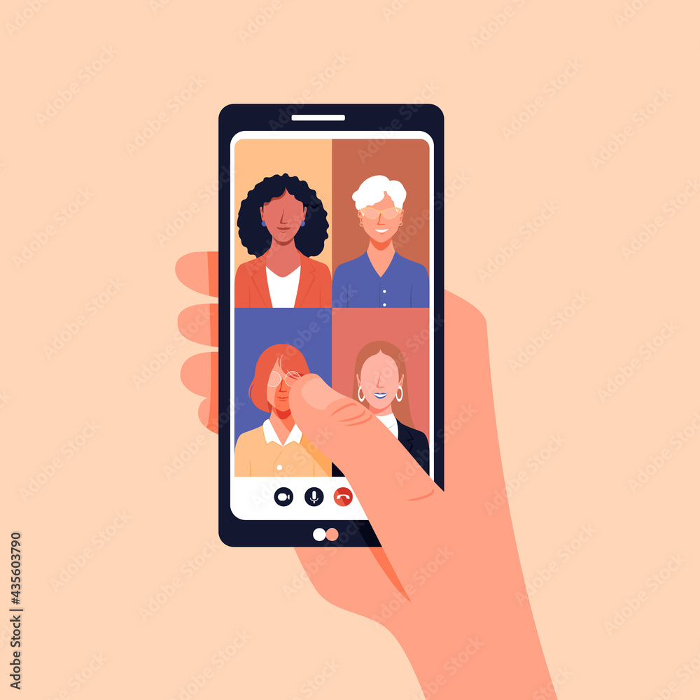 vector of a video call on the phone with four women of diverse age and ethnicity in an online meeting.