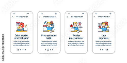 Procrastination onboarding mobile app screens. Postpone unpleasant tasks for later.Delay. Overwhelmed steps menu. Set of UI, UX, web template with RGB color linear icons