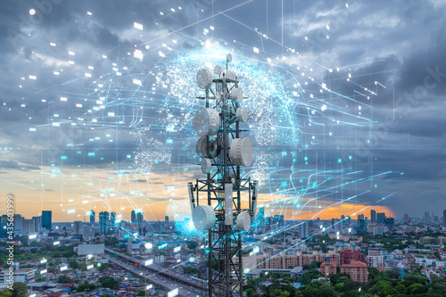 Slika na platnu Telecommunication tower with 5G cellular network antenna on city background, Glo