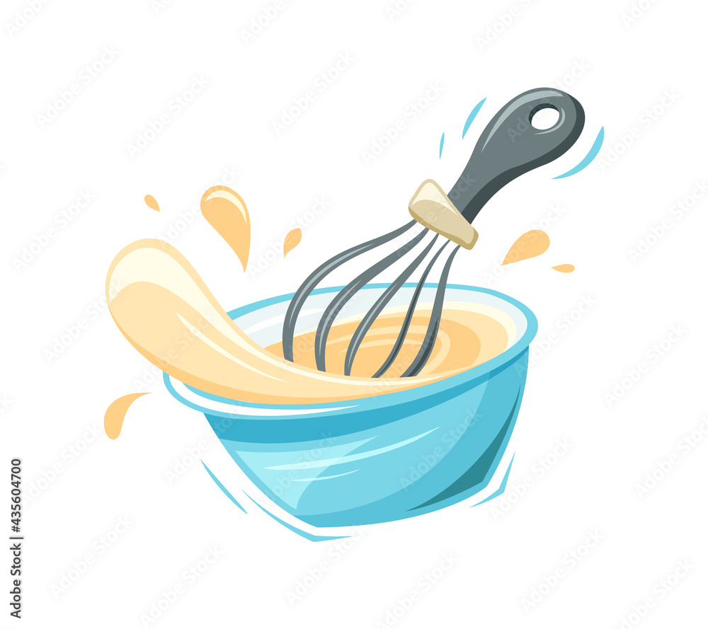 Bowl with whisk. Stylized kitchen utensil. Cartoon flat illustration of  mixing or whipping dough, sauce, cream. Color isolated vector clip art on  white background vector de Stock | Adobe Stock