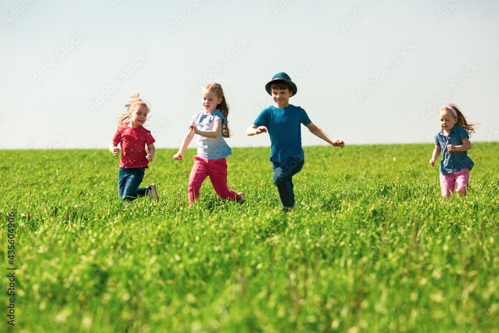 A group of happy children of boys and girls run in the Park on the grass on a Sunny summer day . The concept of ethnic friendship, peace, kindness, childhood A group of happy children of boys and girls run in the Park on the grass on a Sunny summer day . The concept of ethnic friendship, peace, kindness, childhood