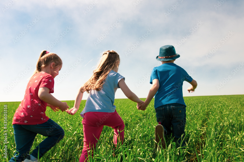 A group of happy children of boys and girls run in the Park on the grass on a Sunny summer day . The concept of ethnic friendship, peace, kindness, childhood A group of happy children of boys and girls run in the Park on the grass on a Sunny summer day . The concept of ethnic friendship, peace, kindness, childhood