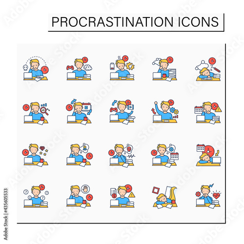 Procrastination color icons set. Postpone unpleasant tasks for later.Delay. Lazy person. Overwhelmed concept. Isolated vector illustrations
