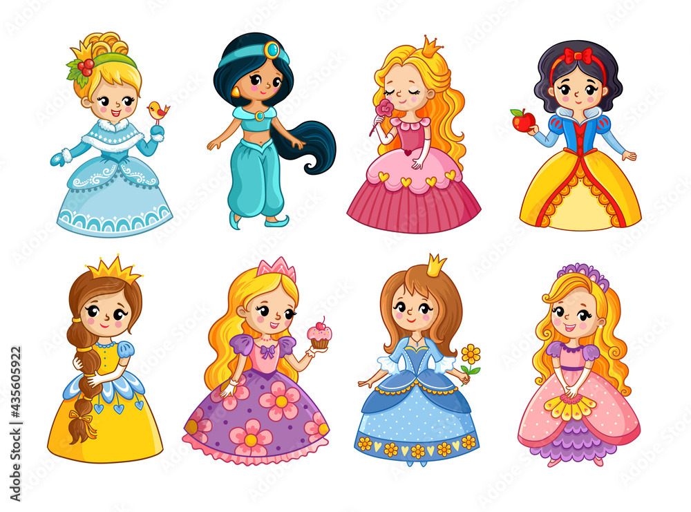 Beautiful set with cartoon princesses. Vector illustration with girls