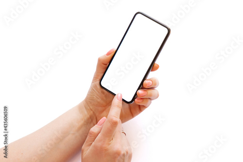 Person using phone with empty white screen on white background