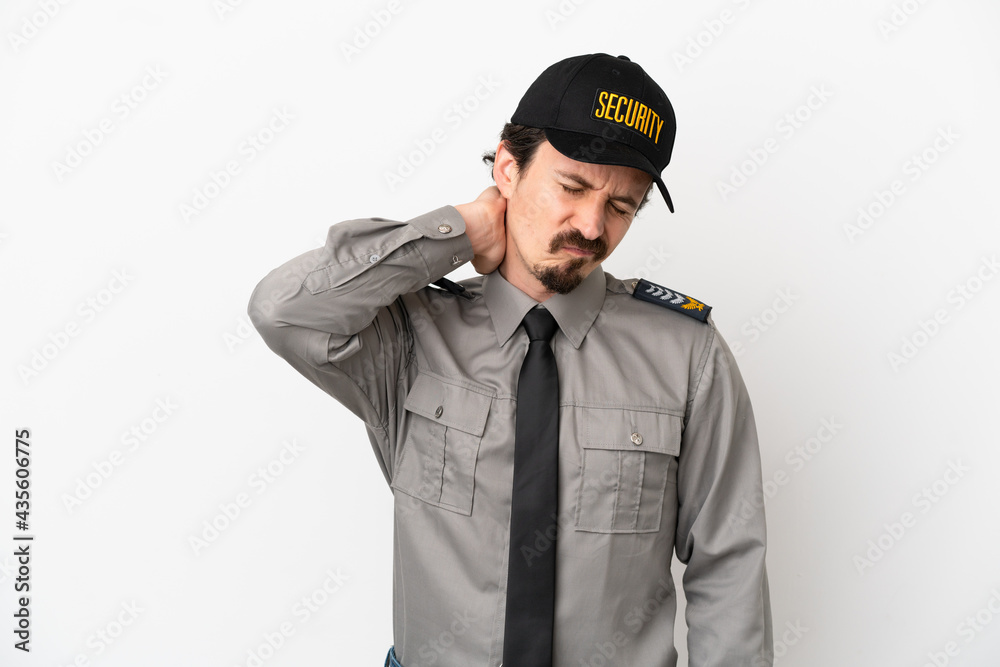 Young caucasian security man isolated on white background with neckache Young caucasian security man isolated on white background with neckache