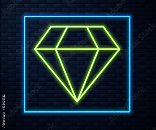 Glowing neon line Diamond icon isolated on brick wall background. Jewelry symbol. Gem stone. Vector