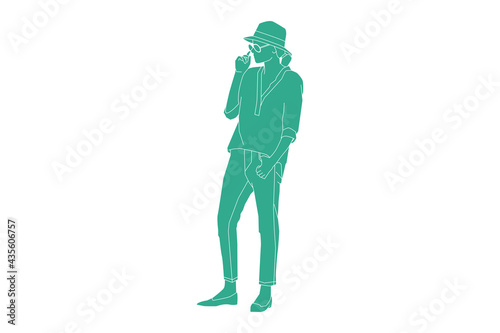 Vector illustration of casual woman posing on the sideroad, Flat style with outline