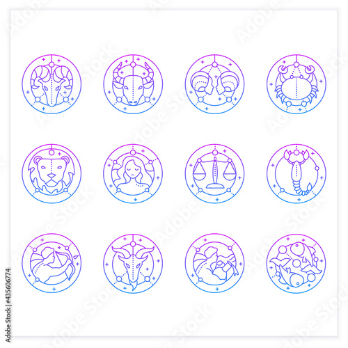 Zodiac gradient icons set. Fourth fire signs in zodiac. Birth symbols. Mystic horoscope signs. Astrological science.Isolated vector illustration.Suitable to banners, mobile apps and presentation