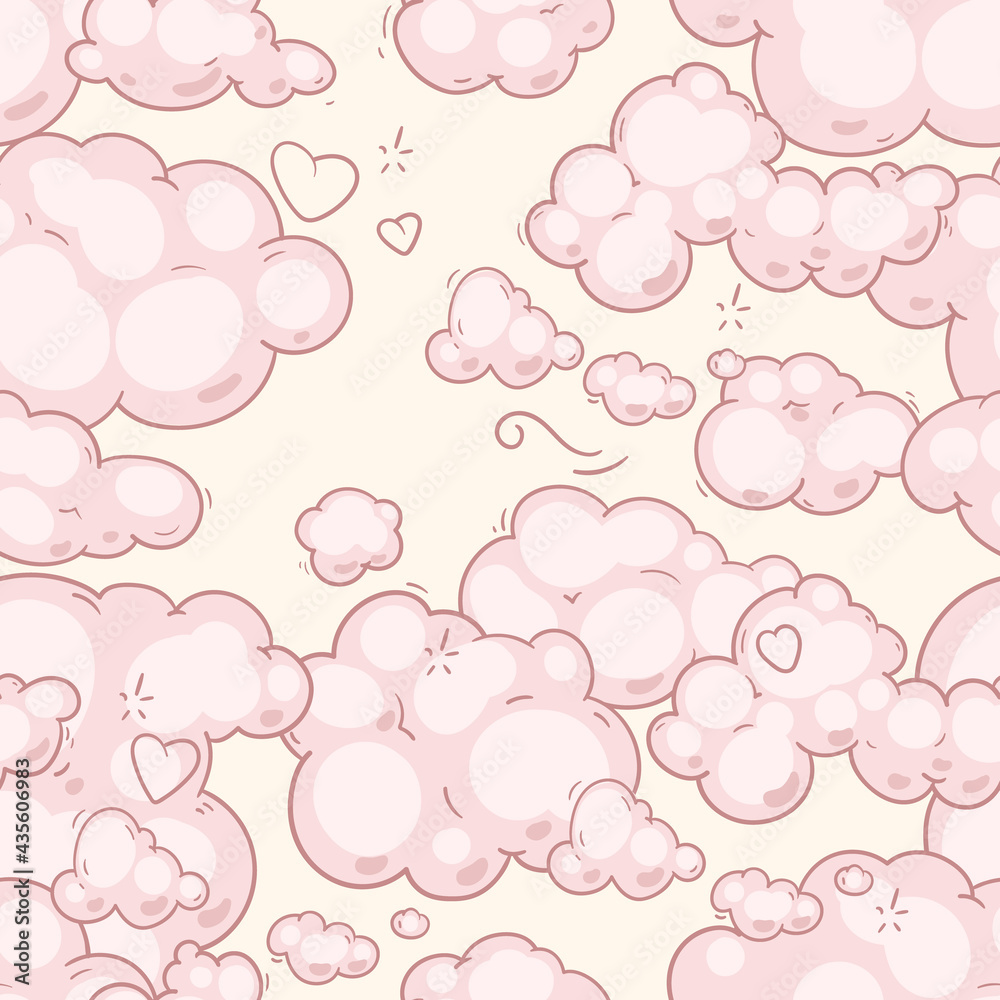 Seamless pattern cartoon pink clouds sky. Vector kids light color background 