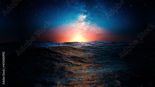 View of the horizon between restless water surface and a starry night sky during sunset - 3d illustration